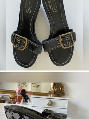 ISO -COACH Black Leather Slide Sandals with Brass Buckles